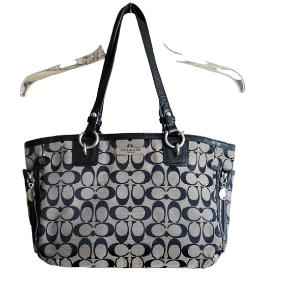 Coach Signature Gallery Beige/Gray Purse Bag Zipper Close Signature Leather Trim - Picture 2 of 16